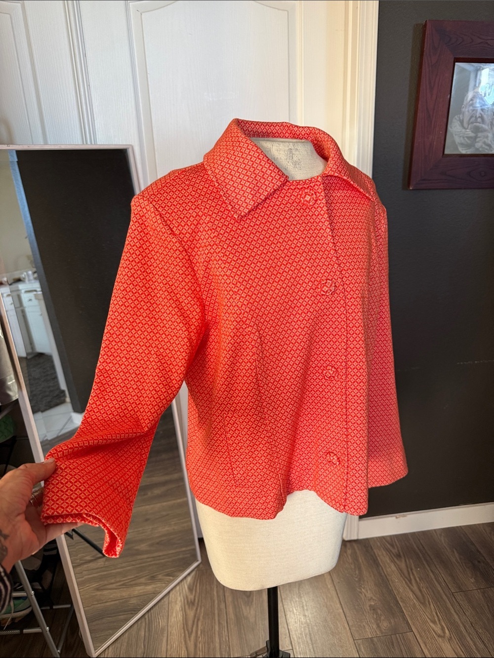 CAbi Coral-Orange Diamond Knit coat